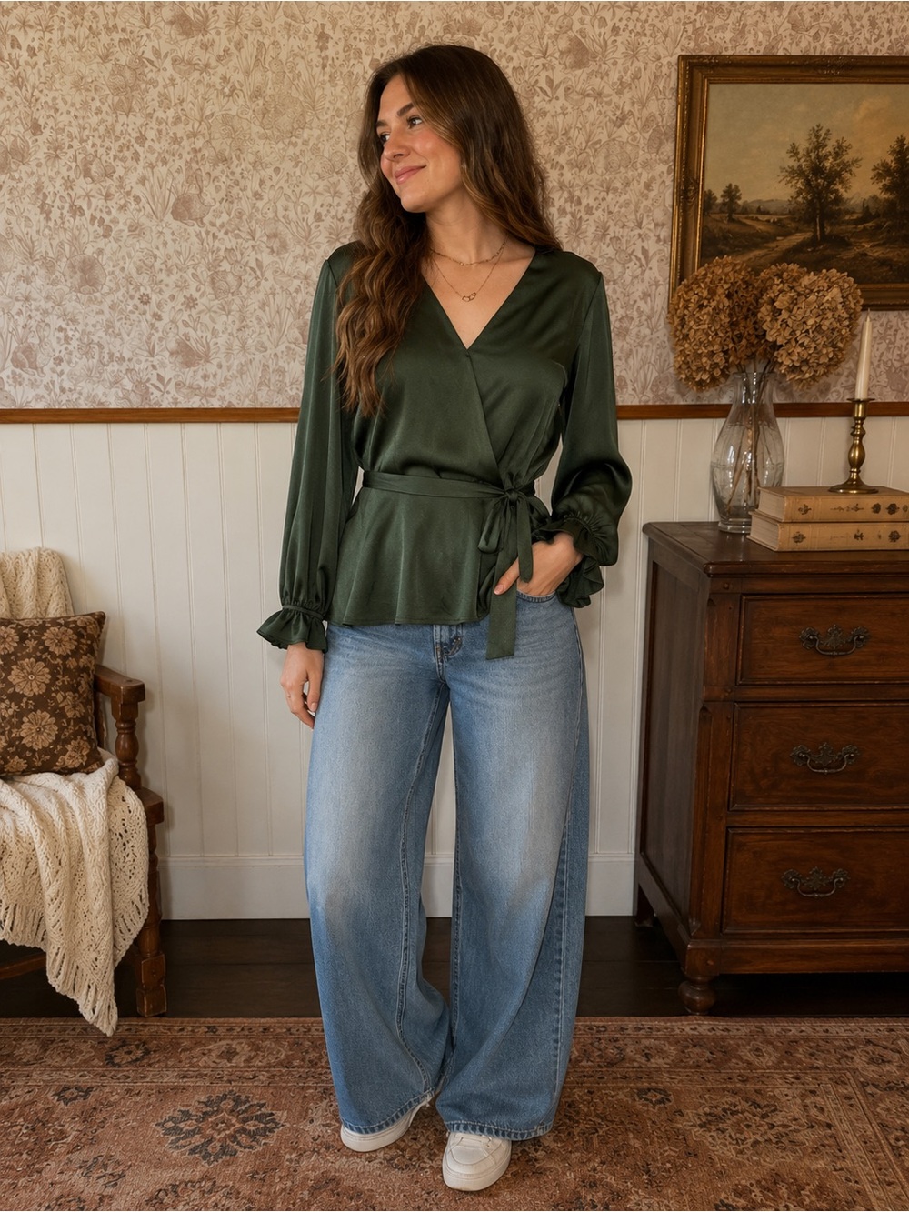 BNWT Meraki Olive Green Satin Faux Wrap Top